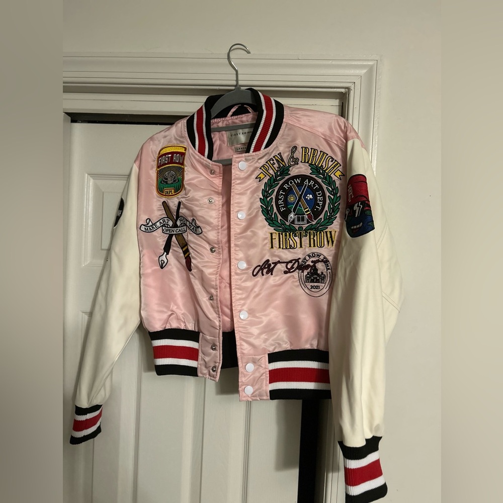 Big kids multi patch jacket nwt material is satin/pleather sleeves